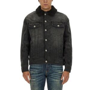 BALMAIN Distressed Denim Jacket with Shearling Collar Men BLACK Outerwear